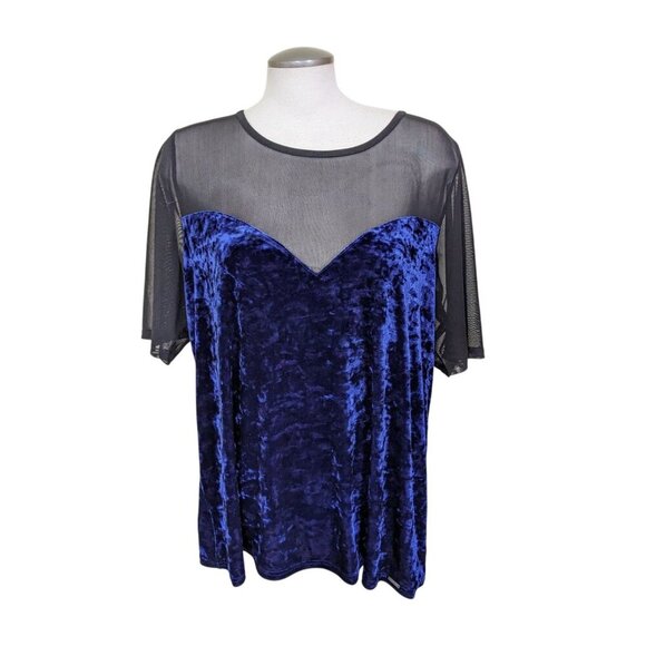 MBLM By Tess Holliday Womens Plus 2X Top Black Blue Sheer Mesh Crushed Velvet - Picture 1 of 6